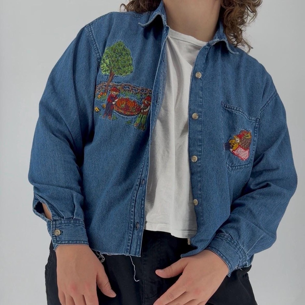 Vintage 90s embroidered denim shirt long sleeve cottage boxy crop XL solutions